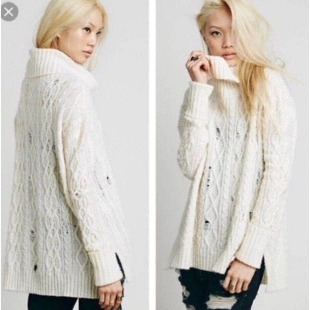 Free People Complex Cable Distressed Cowl Neck Sweater Size Small (S)